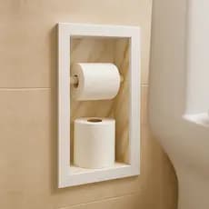 Porta papel higiênico duplo em porcelanato Calacata Gold polido com borda de alumínio embutido 18x30x11