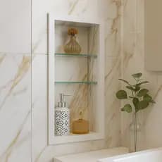 Nicho Porcelanato Calacata Gold banheiro box 60x30x11 bordas de alumínio
