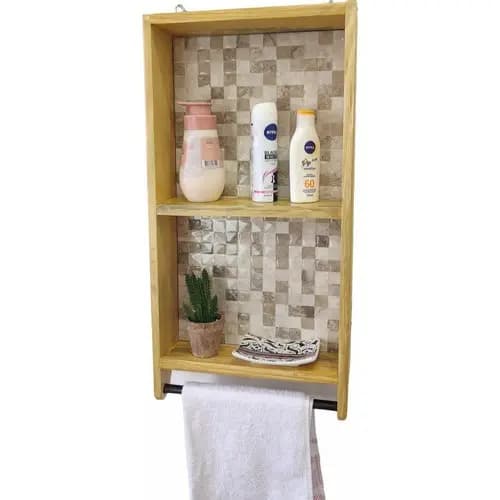 Porta Shampoo Armário De Banheiro Madeira Com Cerâmica
