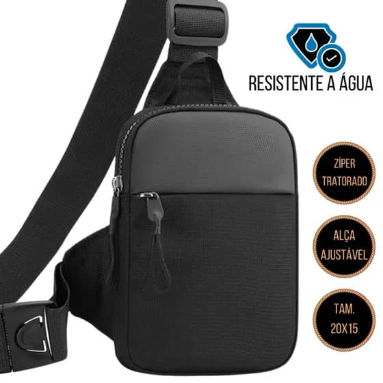 Shoulder Bag  Transversal Pequena Impermeável Unissex Com 3 Compartimentos e Alça Regulável preta