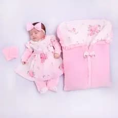 Saída Maternidade Floral Rosa Menina Com Saco De Dormir Luxo 100% Algodão