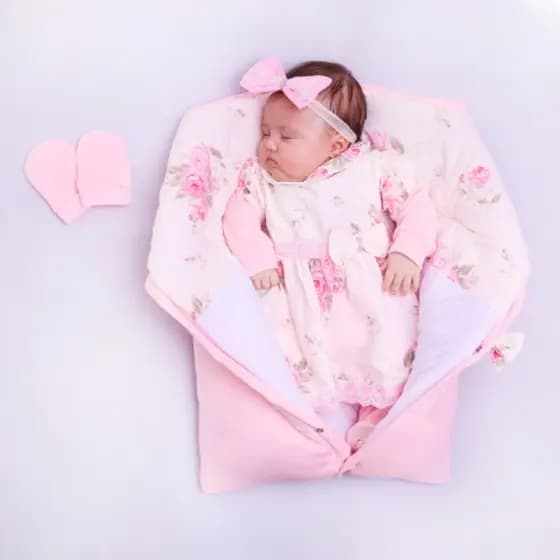 Conjunto Maternidade Bebê Menina Rosa com Floral com Saco de Dormir Algodão Saída Maternidade Luxo
