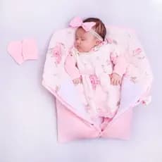Conjunto Maternidade Bebê Menina Rosa com Floral com Saco de Dormir Algodão Saída Maternidade Luxo