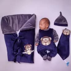 Saída Maternidade Menino Saco De Dormir Urso Aviador em Plush Marinho e Cinza Luxo