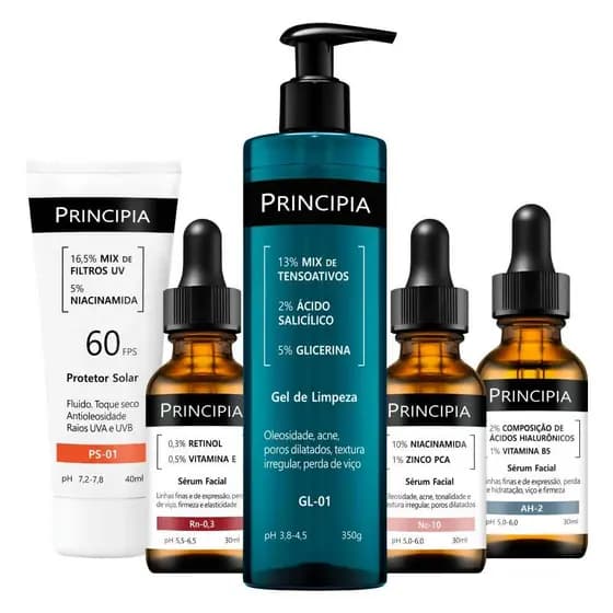 Principia Kit Anti-Manchas Avançado c/ Limpeza GL-01 + Séruns Nc-10 + Rn-0,3 + AH-2 + Protetor Solar PS-01 FPS 60