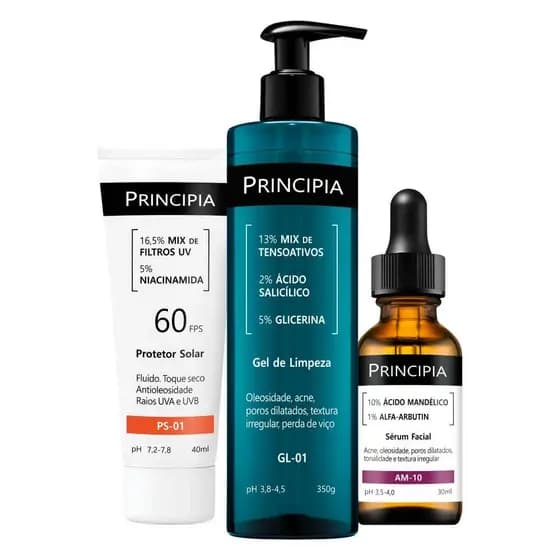 Principia Kit Limpeza e Proteção Anti-Manchas c/ Gel de Limpeza GL-01 + Sérum Mandélico AM-10 + Protetor Solar PS-01