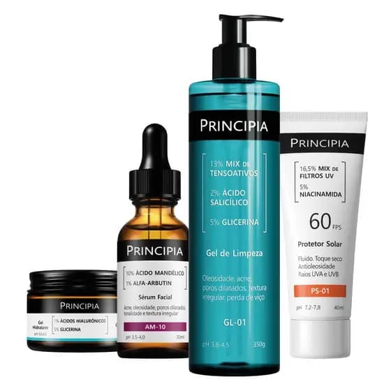 Principia Kit Rotina Completa Anti-Manchas c/ Limpeza GL-01 + Sérum Mandélico AM-10 + Hidratante GH-01 + Protetor PS-01