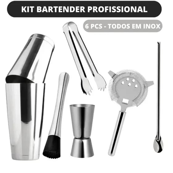 Kit Bartender Profissional Completo Inox Coqueteleira Boston Strainer Bailarina Dosador Socador