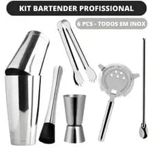 Kit Bartender Profissional Completo Inox Coqueteleira Boston Strainer Bailarina Dosador Socador