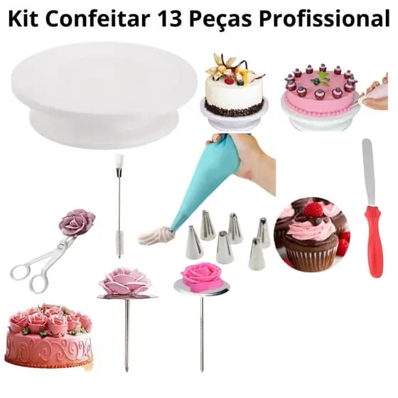 Kit de Confeitar Profissional Bailarina Prato Giratório + Bicos de confeitar + Tesoura e Suporte Flores + Espatulas Confeitaria e Decoração