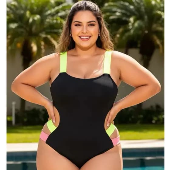 maiô pluz size com bojo preto com neon