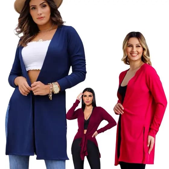 Cardigan Kimono Liso Manga Longa Canelado Fenda Blusa