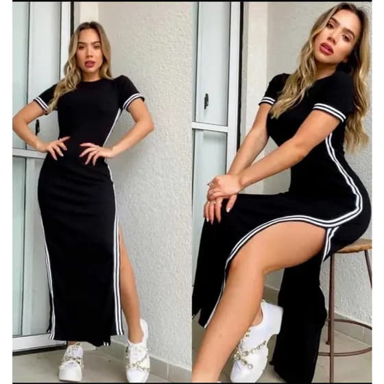 VESTIDO LONGO com Fenda Lateral Manga Curta Canelado Confortável Feminino casual ,  elegante