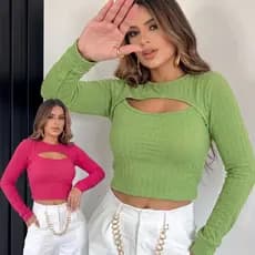 Blusa Cropped MANGA LONGA Feminino Liso Balada Festa Moda Casual Elegante