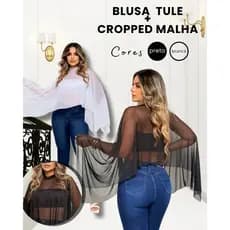 Blusa Feminina TRANSPARENTE de TULE com Cropped top malha