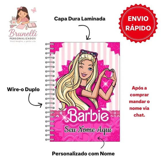 Caderno 10 Matérias Barbie Personalizado com adesivo