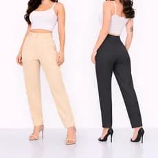 Kit 2 Calças Femininas Alfaiataria Social Cós Alto Elegante Casual Passante Zíper Lateral