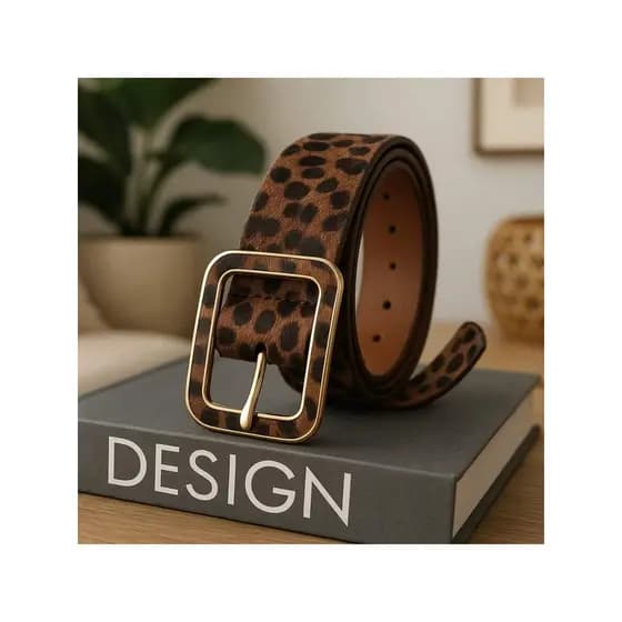 Cinto Feminino Onça Animal Print Fivela Em Metal Retangular