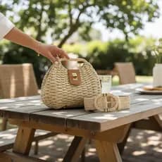 KIT Bolsa Palha + Cinto Elastico Feminino Tendência Verão / Praia / Day Off com Alça Rígida