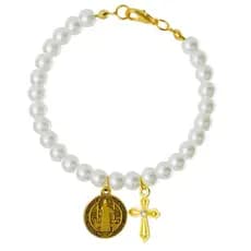 Pulseira Terço Contas Brancas 0.7cm Medalhão São Bento Crucifixo 6cm