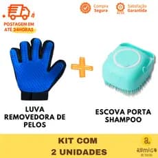 Kit Limpeza Pet - Escova para Cachorro Gato Dispenser Shampoo + Luva Tira Pelo Massageadora