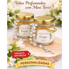 1 Vela Aromática Personalizada com Mini Terço para Batizado
