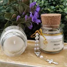 25 Kit de Crisma - Velas Perfumadas em Pote de Vidro com Tampa de Rolha - Mini Terço
