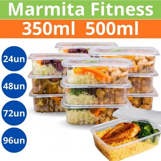 Kit 24 Pote Plástico Marmita Descartável Embalagem Retangular Plástica - 500ml 350ml Comida Fitness Freezer Microondas