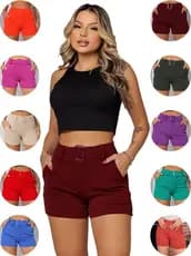 Short Feminino Cinto Fivela Bermuda Crepe Bolso Shortinho Curto Social Cintura Alta Básico Elastano
