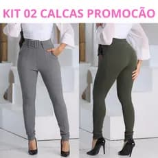Kit 2 Calça Feminina Crepe Calca Cinto Forrado Skinny Cintura Alta Social Bolsos Funcionais
