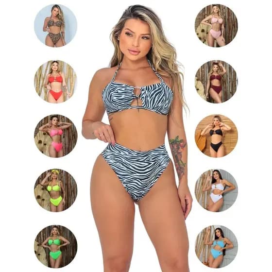 Biquini Feminino Animal Print Biquíni Hot Pants Suplex Argola Amarrar Biquine Cintura Alta Moda