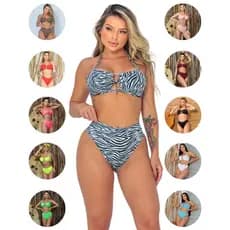 Biquini Feminino Animal Print Biquíni Hot Pants Suplex Argola Amarrar Biquine Cintura Alta Moda