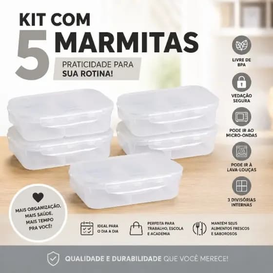 Kit 5 Marmitas 3 Divisórias com Travas Herméticas - Bege ou Transparente