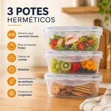 Conjunto com 3 Potes 500 ml Hermético com Vedação e Travas Marmita Fitness