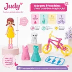 Boneca Miniatura Judy Aventura com Roupinhas, Bicicleta e Acessórios - LP Toys