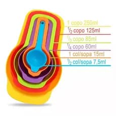 Conjunto Colher Xicaras Medidoras Top Útil Multicoloridas Várias Medidas 250ml 125ml 85ml 60ml 15ml 7,5ml universal