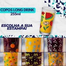 Jogo 6 Copos Long Drink Ruvolo Red Fruits 255Ml Vidro Multiuso Varias Estampas Água Suco e Drinks