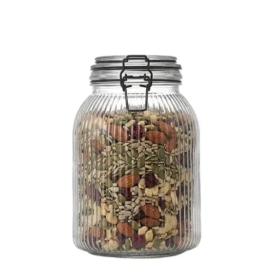 Pote Hermético Vidro Canelado Trava Aço Preto 2000ml, Porta Mantimentos Hermético - Ruvolo