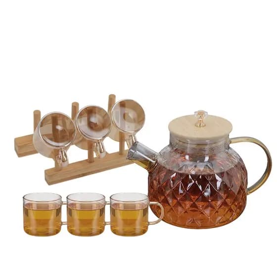 Jogo Chaleira com Xícaras Ambar de Vidro 1000ml, 8pçs – Ruvolo