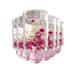 Copo Parede Dupla Flores Rosa, Jogo Copos de Vidro Flor Seca Interna 125ml, 6 peças – Ruvolo