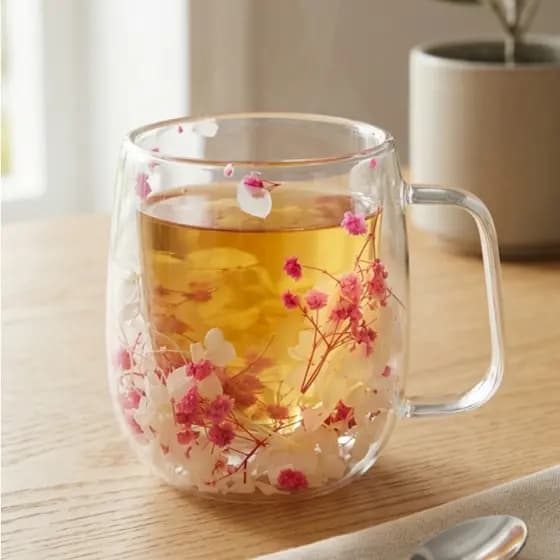 Xícara Parede Dupla de Vidro Flor Rosa Branca Seca 350ml – Ruvolo