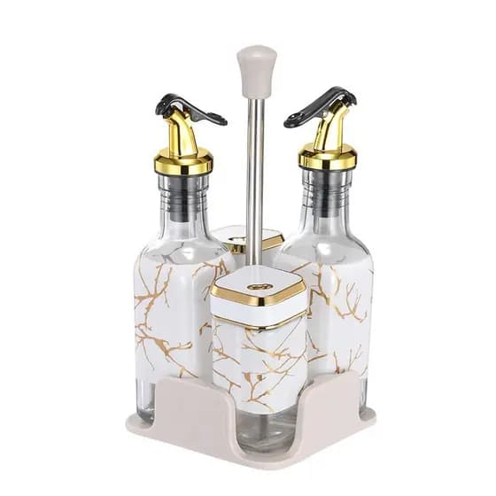 Porta Tempero e Galheteiro de Vidro Estampa Mármore Ouro, 5pçs – Ruvolo
