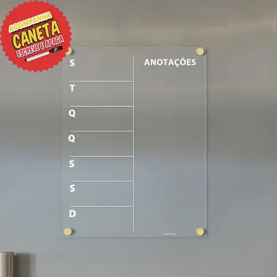 lousa Planner magnética com imã planejamento semanal e anotações + caneta escreve e apaga
