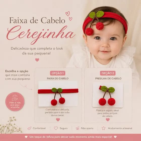 Faixa Bebê Cerejinha Meia de Seda  Tiara Infantil Delicada para Recém-Nascida e Crianças