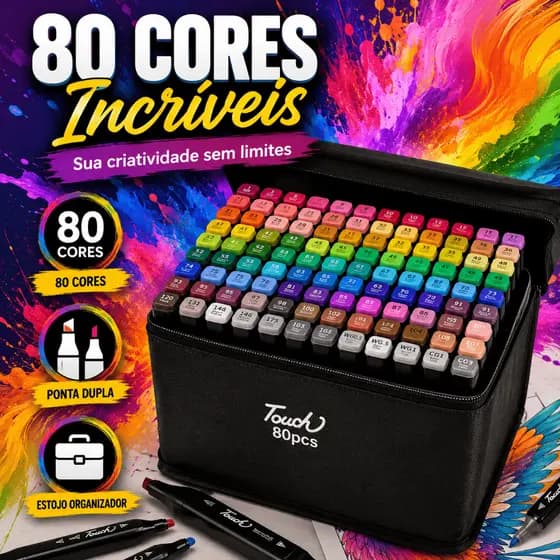 Kit 80 Canetas Coloridas Ponta Dupla Com Estojo Organizador Preta ou Branca
