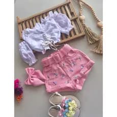 Conjunto florzinha Croped ,Short jeans com cinto ,Moda Blogueirinha infantil menina