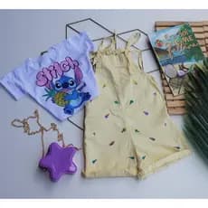 Conjunto Stich Jardineira e Blusa Croped moda infantil menina blogueirinha