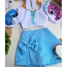 Conjunto Stitch ,Blusa Croped e shortinho ,4/6/8/10/12/14Moda Blogueirinha