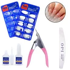 KIT UNHA POSTIÇA AMENDOADA REALISTA - Leitosa/Transparente Cola com Pincel 1 Cortador de Tips 1 Lixa