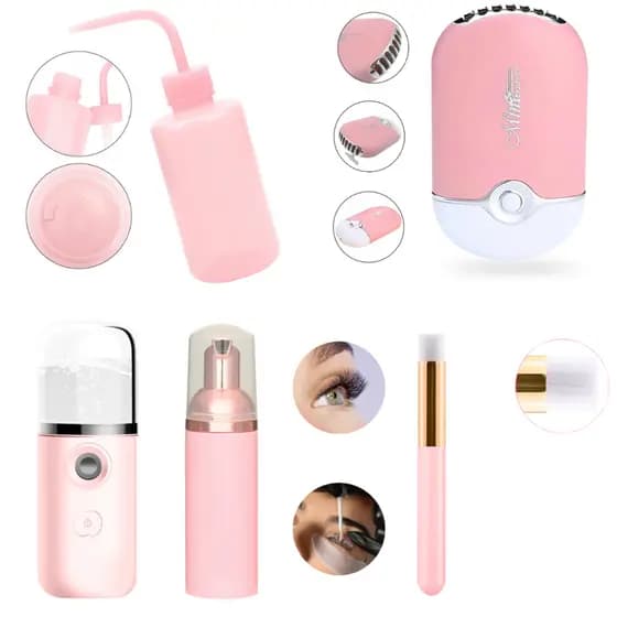 Kit Extensão Limpeza Cílios Nano Umidificador e Ventilador USB Frasco Pump Pincel Limpeza Pisseta